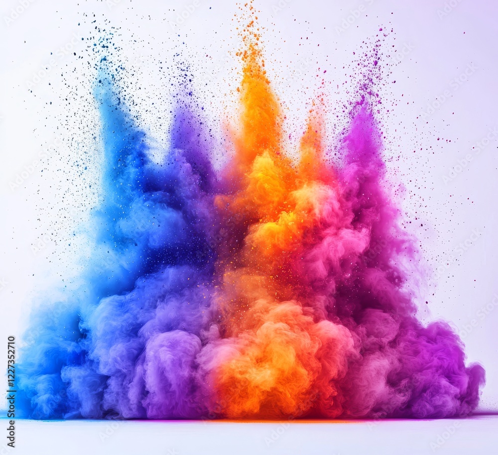 Fototapeta premium Pastel powder explosion with a colorful background. Multi-colored dust splashes on a white backdrop, symbolizing Holi
