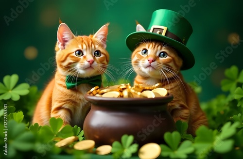 A cheerful happy kittens dressed as a leprechaun holding a pot overflowing with golden coins against a background filled with numerous green shamrocks, celebrating St. Patrick's Day.  photo