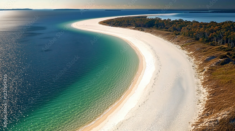 Aerial view of a beautiful curved beach with turquoise waters and sandy shoreline under a clear sky. Aerial view of a beautiful curved beach with turquoise waters and sandy shoreline under a clear sky.
