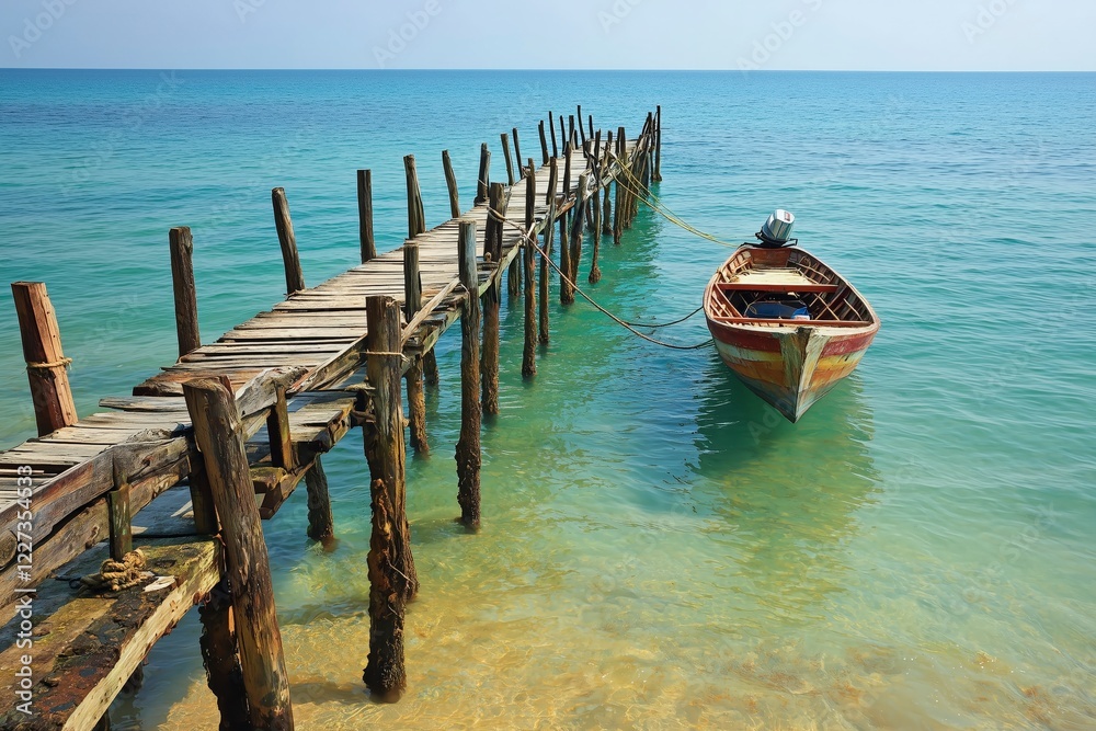 A serene wooden pier extends into clear blue waters with a small boat nearby.