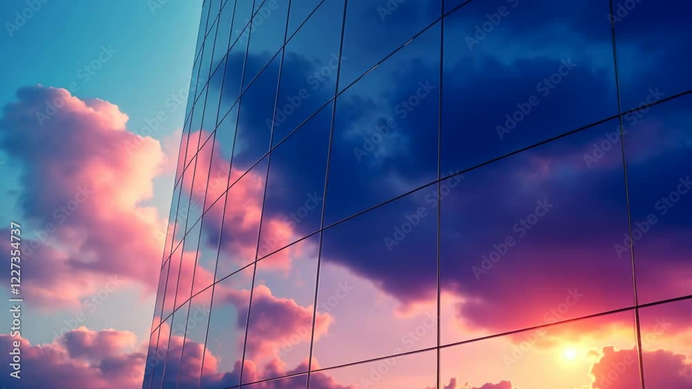Sunset reflections on a modern glass building against a colorful sky with clouds