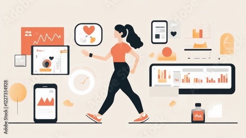 Woman jogging while interacting with health and fitness data on various digital devices