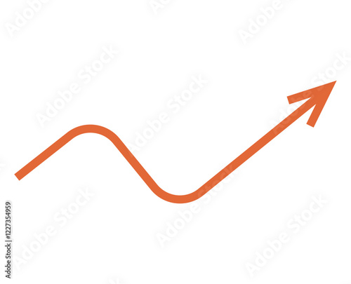 Orange curved arrow pointing upward, symbolizing growth, progress, success, and improvement. Ideal for business, finance, analysis trends goal-setting leadership motivation. Flat color icon