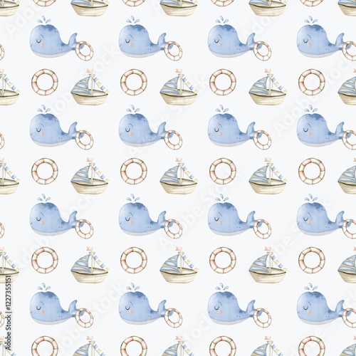 Whimsical marine watercolor pattern featuring whales, boats, and lifebuoys in baby blue tones photo