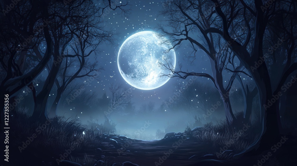 Naklejka premium Full Moon Illuminates a Mystical Winter Forest Path