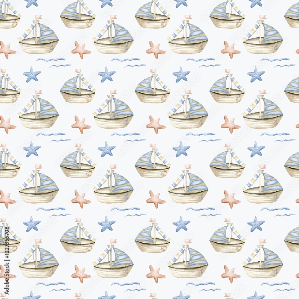 Charming marine-themed watercolor pattern featuring boats and stars for fabric and wrapping designs Charming marine-themed watercolor pattern featuring boats and stars for fabric and wrapping designs