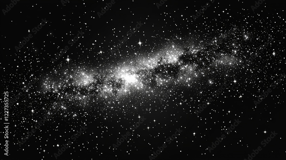 Fototapeta premium Abstract motion of white stars and snowflakes on an isolated black background of a space galaxy, blending futuristic technology with a Christmas decoration overlay wallpaper featuring wave rotation