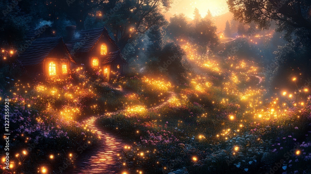 Naklejka premium Enchanting Firefly Village Sunset Path