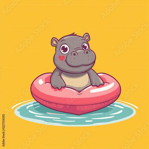 Kawaii baby hippo floating on a heart-shaped pool float, summer Valentine? photo