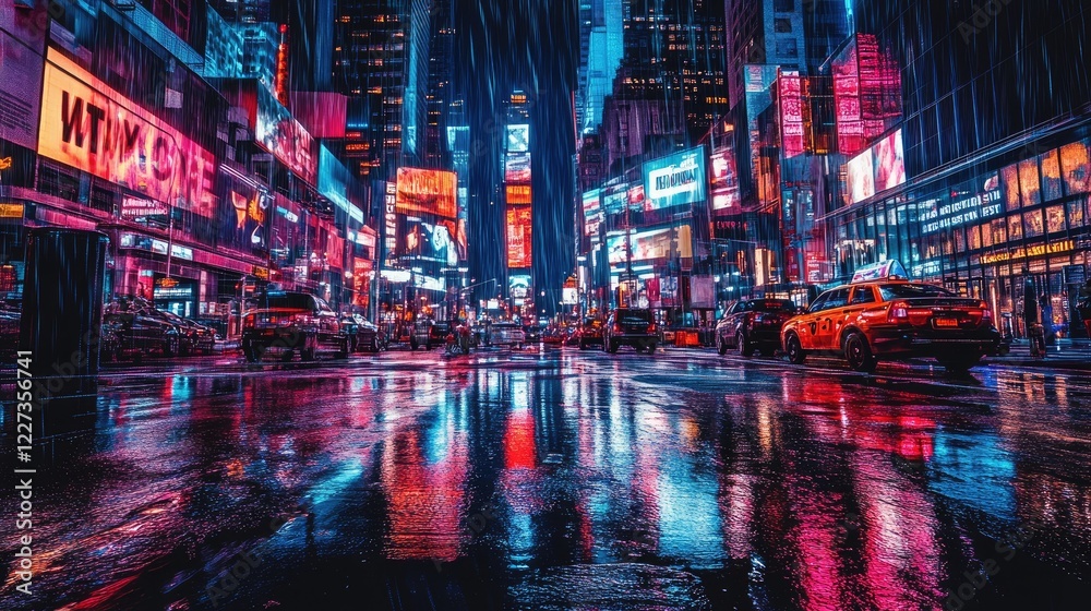 Obraz premium Cyberpunk-inspired cityscape at night, drenched streets glowing with neon reflections from towering skyscrapers