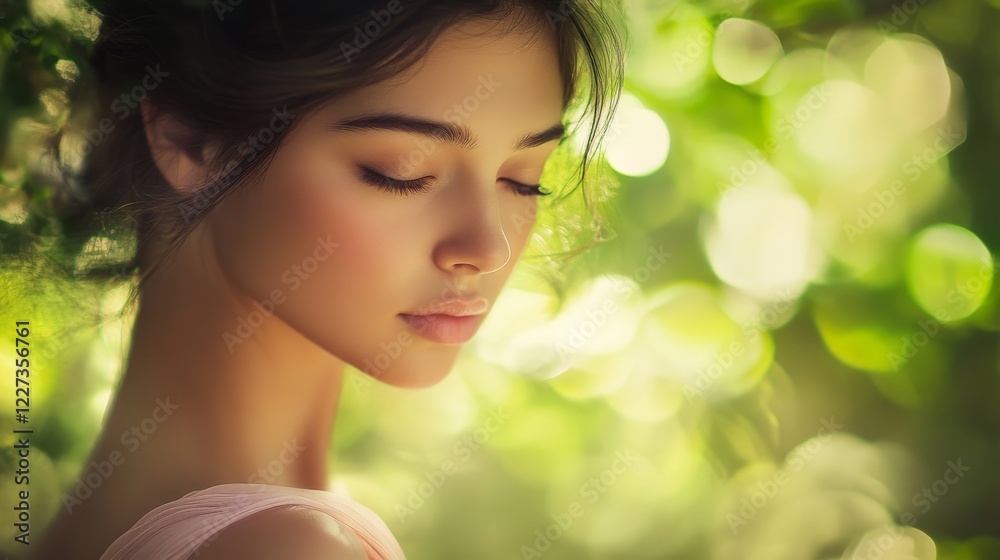 Artistic outdoor portrait capturing deep breathing moment, delicate facial features, spring forest environment, dreamy lime green bokeh effect, light pink attire, zen wellness imagery, contemplative Artistic outdoor portrait capturing deep breathing moment, delicate facial features, spring forest environment, dreamy lime green bokeh effect, light pink attire, zen wellness imagery, contemplative