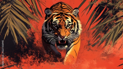 Majestic Bengal tiger striding through a stylized jungle with warm, vibrant and artistic expression