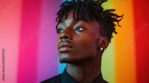 Captivating portrait of a young man against a vibrant rainbow background urban setting close-up shot expressive mood photo