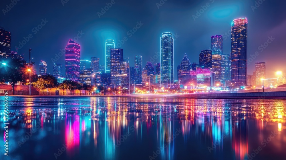 Obraz premium Futuristic skyline at night with colorful neon lights and slick streets reflecting the vibrant atmosphere