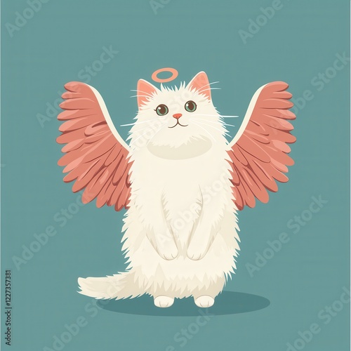 Fluffy white cat with angel wings, Cupid-inspired feline photo