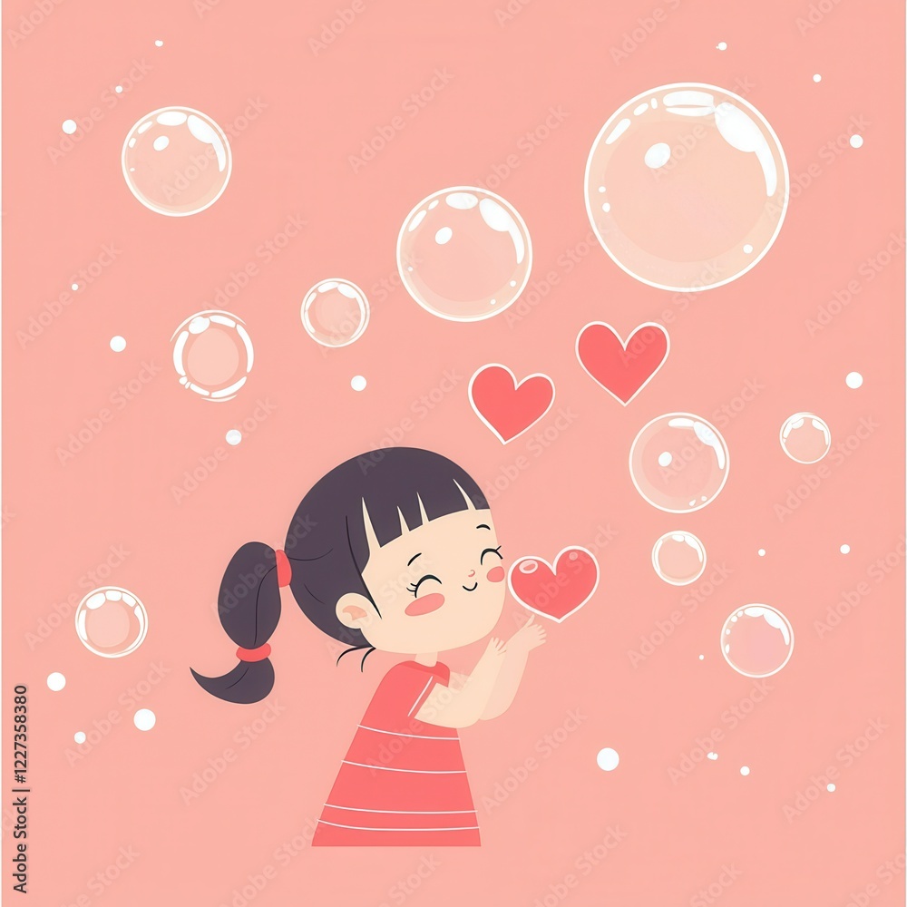 Kawaii baby girl blowing soap bubbles in heart shapes, playful and cute Kawaii baby girl blowing soap bubbles in heart shapes, playful and cute