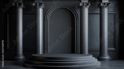 Black marble podium in dark room
