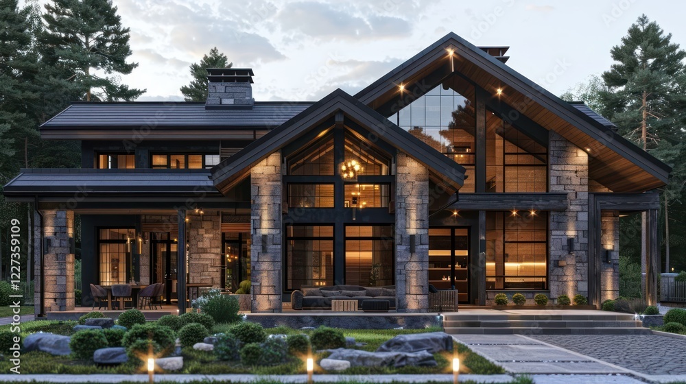 Fototapeta premium Modern wooden house with large windows surrounded by greenery and a serene landscape at dusk