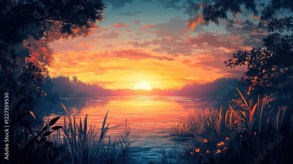 Fototapeta premium Serene Sunset Over a Calm Lake Landscape
