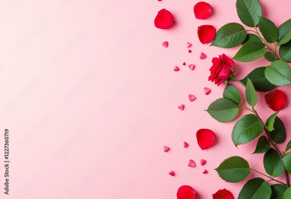 Red rose and heart shaped decorations on pink background. Romantic valentines day flat lay composition. Love and romance concept. Design template with copy space Red rose and heart shaped decorations on pink background. Romantic valentines day flat lay composition. Love and romance concept. Design template with copy space