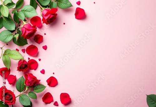 Red roses and scattered petals on pink background. Romantic floral composition with fresh flowers and green leaves. Love and romance concept for valentines, wedding design with space photo