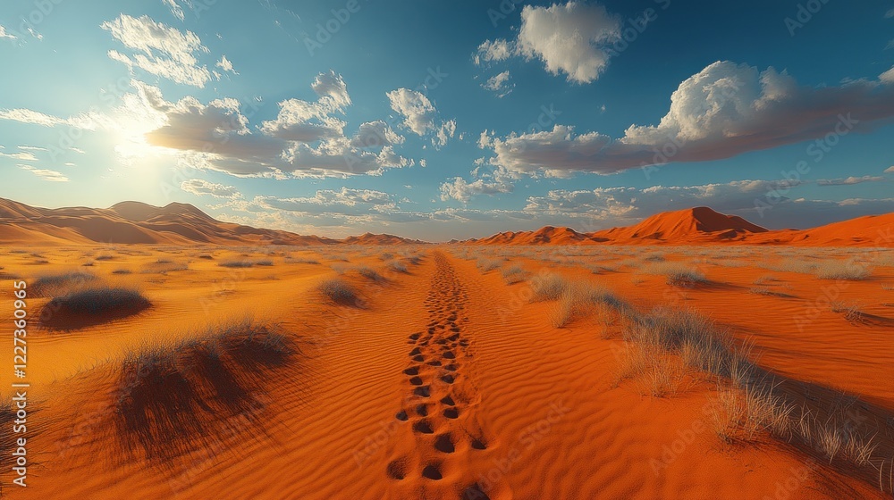 Naklejka premium Footprints in the Desert Sand A Journey Through a Vast and Arid Landscape