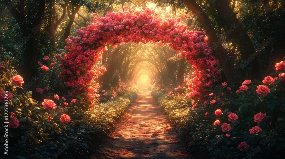 Obraz premium Enchanting Pathway Through A Floral Archway Adorned With Beautiful Roses Illuminated By Sunlight In A Serene Garden