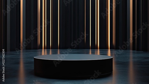 Black podium on dark wall background with gold lines
