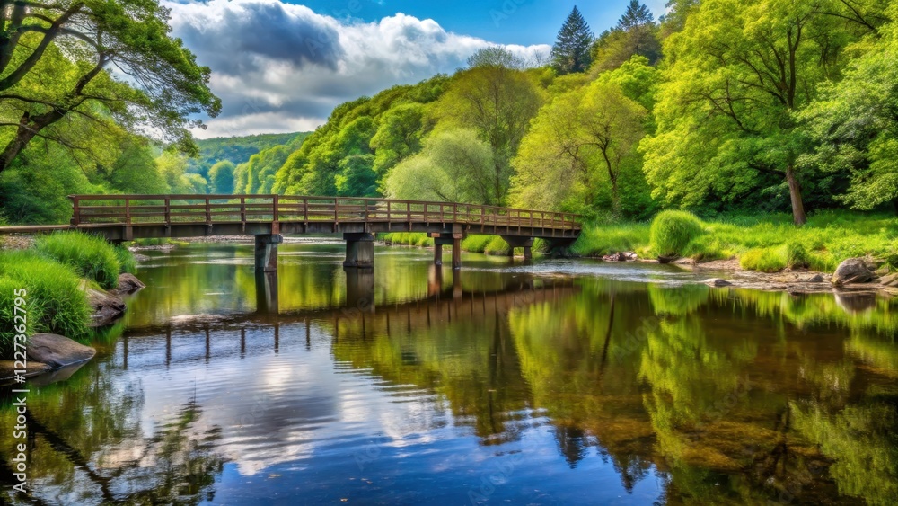 A serene landscape of the East Dart River at Bellever Bridge with a wooden bridge spanning the river and lush greenery on both sides, countryside, riverside A serene landscape of the East Dart River at Bellever Bridge with a wooden bridge spanning the river and lush greenery on both sides, countryside, riverside