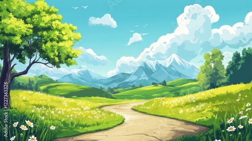 Serene Spring Landscape With Winding Path And Majestic Mountains