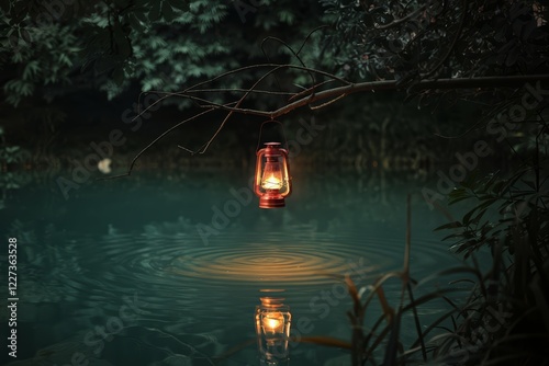 Lantern glowing over a tranquil, moonlit pond.