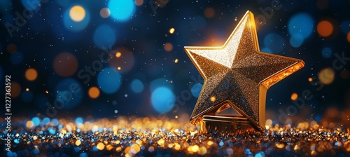 Star trophy award for music nomination winner with bokeh light sparkle background. Generative AI technology.	

