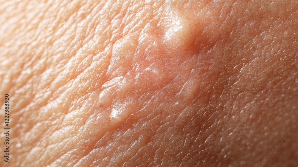 Fototapeta premium Medical condition photography highlighting skin surface detail, textural inflammation patterns, gentle diagnostic touch, natural skin tone contrast, precise focus technique, professional healthcare