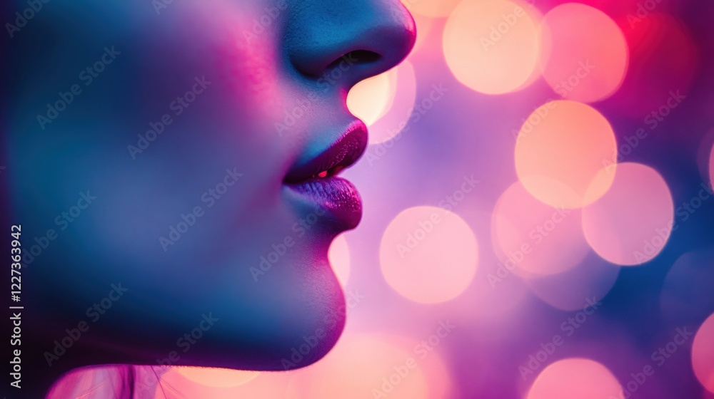 Profile view of a face with pink lipstick and blue skin tone against a bokeh background Profile view of a face with pink lipstick and blue skin tone against a bokeh background