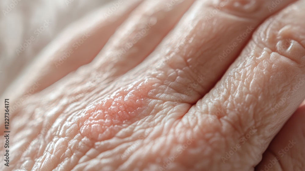 Fototapeta premium Medical photography emphasizing dermatological detail, close-up skin texture, inflamed coral-tinted irritation, delicate hand positioning, soft natural skin tones, clinical documentation style,