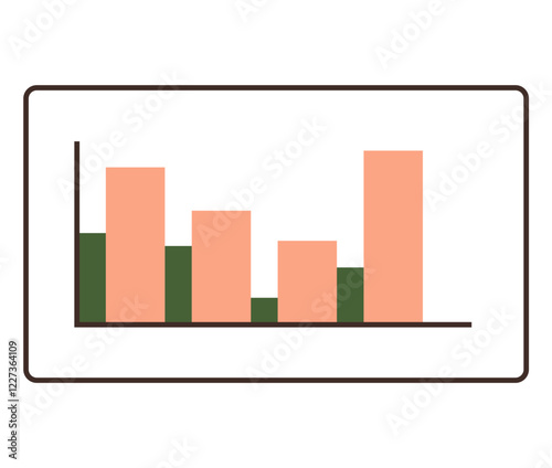Vertical bar graph with orange and green segments comparing data. Ideal for analytics, data visualization, statistics, presentation, business report, chart design, education. Flat color icon