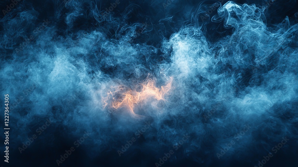 Fototapeta premium Shiny smoke with glitter fluid, ink water, and magic mist creating a blue color particles texture paint vapor storm wave on a dark black abstract background