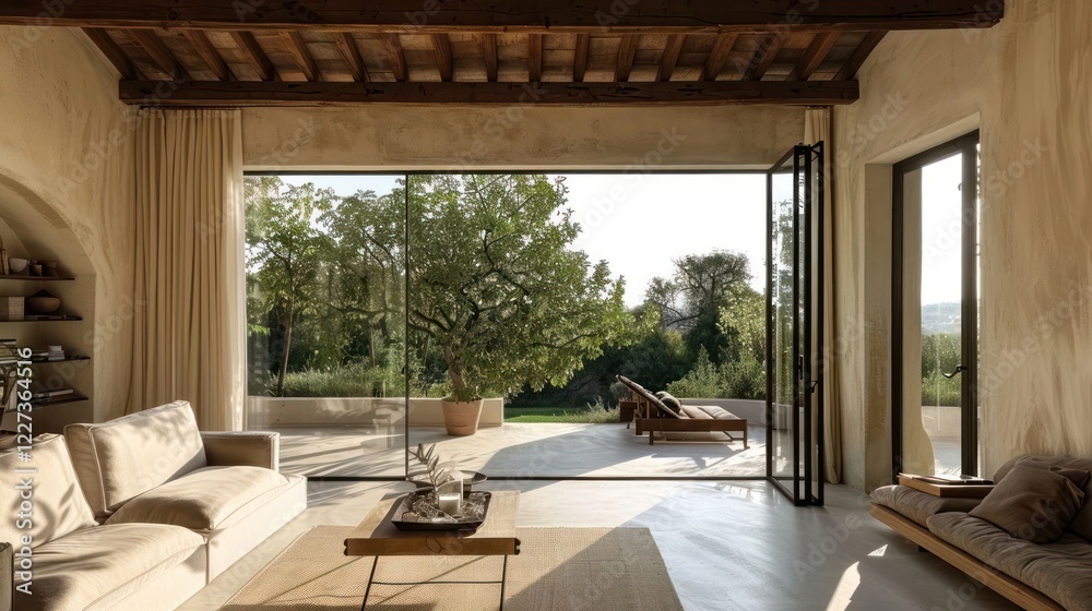 Fototapeta premium Serene modern living room with open view to lush garden and patio, showcasing tranquility and comfort
