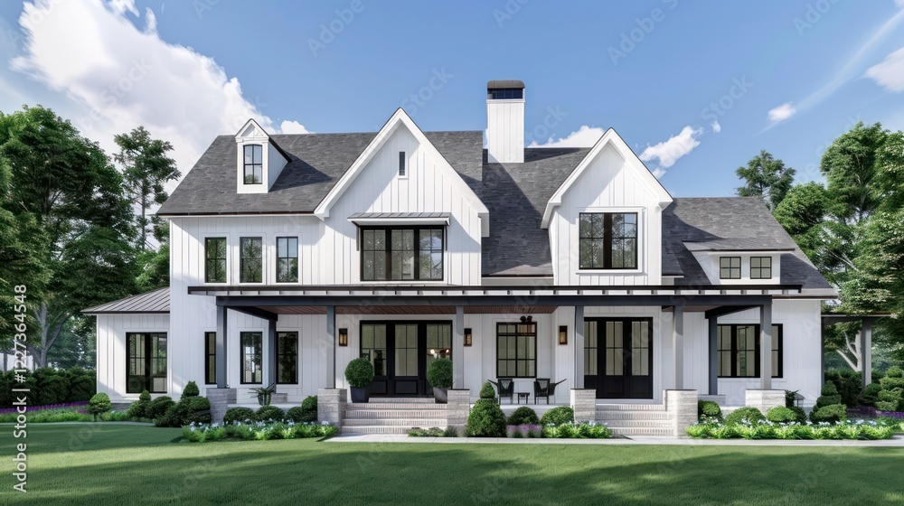 Modern farmhouse with a spacious porch, surrounded by lush greenery and clear blue skies Modern farmhouse with a spacious porch, surrounded by lush greenery and clear blue skies