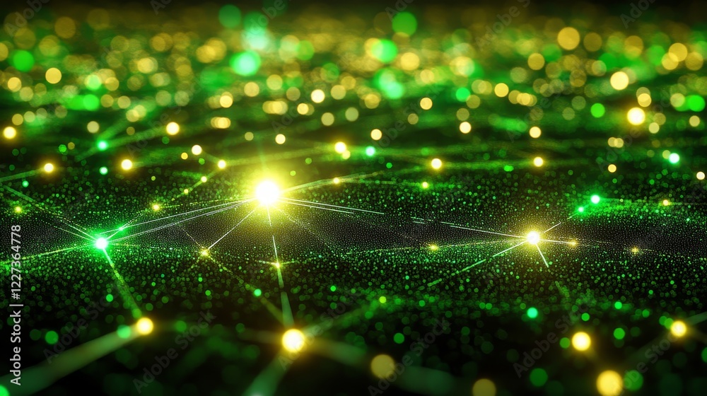 Fototapeta premium Abstract Green Network Connections, Technology With Glowing Points, Digital Data On Dark Background