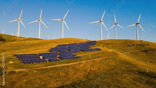 Wind turbines generating electricity from wind power and solar panels converting sunlight into electricity are installed on a hilltop, representing sustainable energy production photo