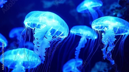 Glowing blue jellyfish swimming in the ocean with soft lighting