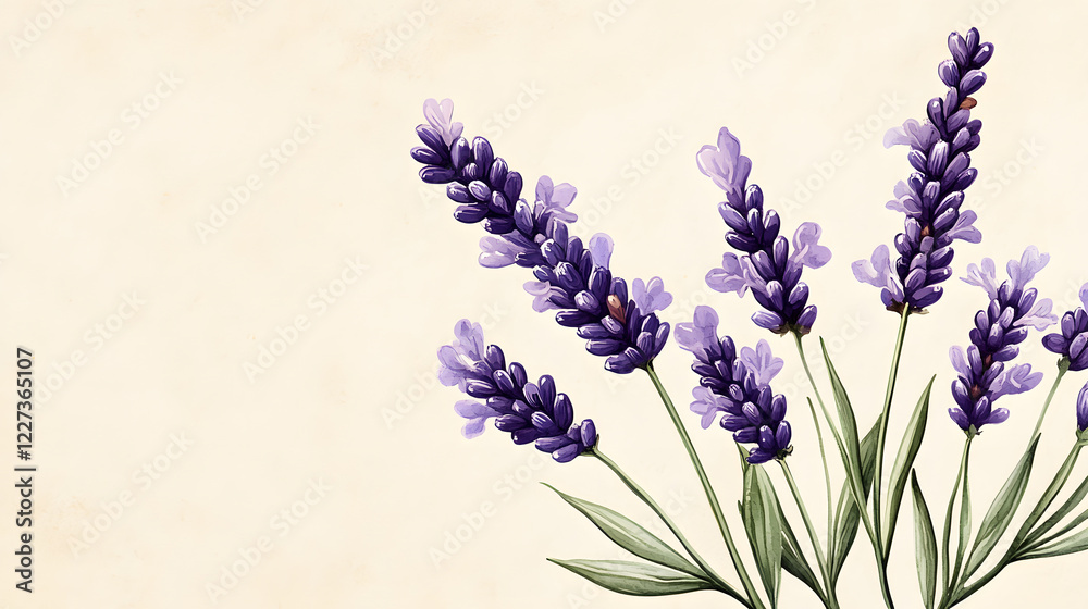 Obraz premium Botanical Illustration of Delicate Lavender Sprig with Beautiful Purple Flowers