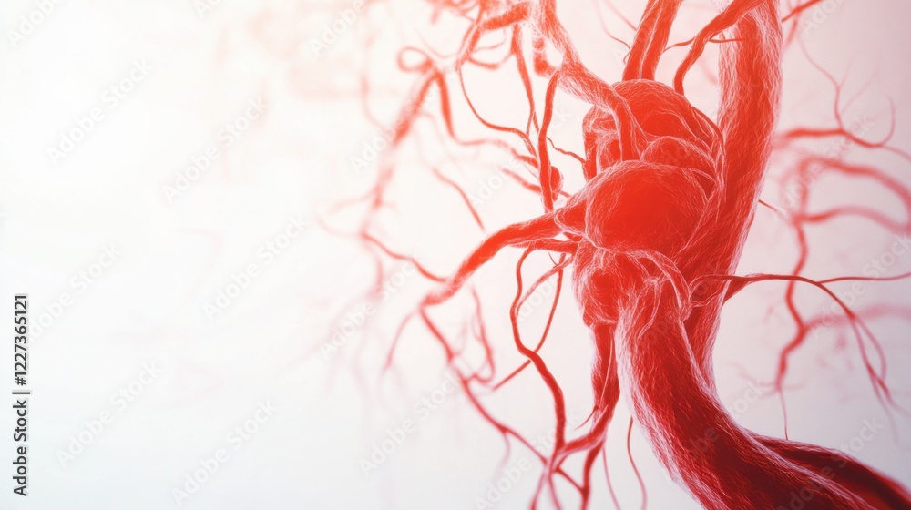 An abstract illustration of a human circulatory system with glowing veins and arteries, set against a white background, Minimalist style An abstract illustration of a human circulatory system with glowing veins and arteries, set against a white background, Minimalist style
