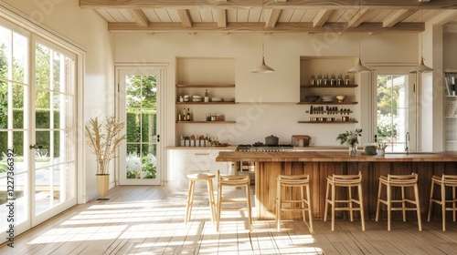 Modern kitchen interior with wooden furniture, sunlight streaming through large windows, plants outside