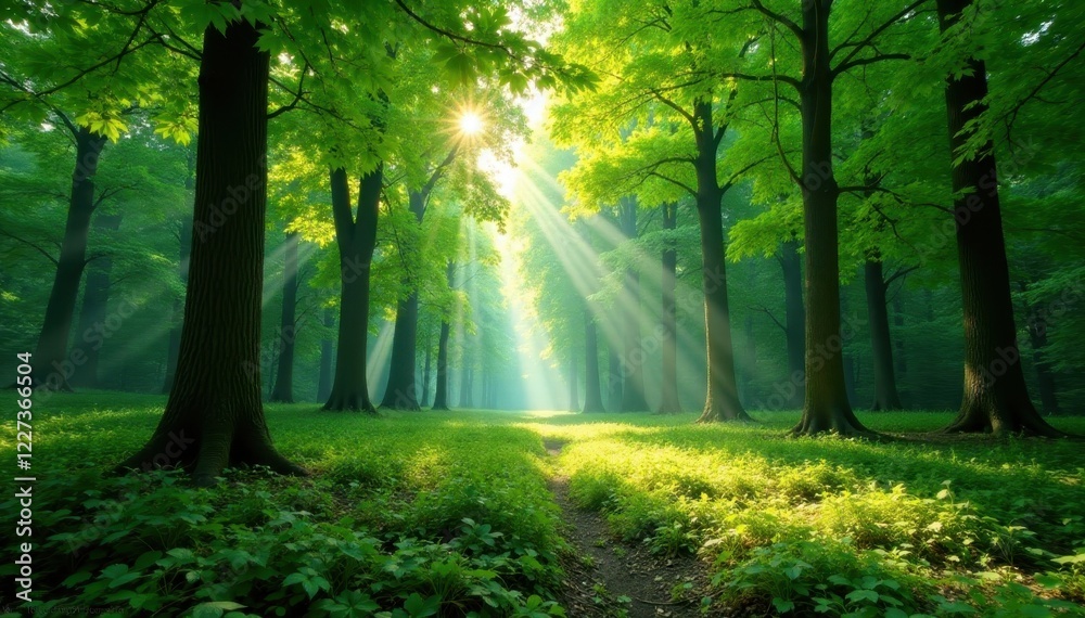 Fototapeta premium Sun-dappled green forest panorama, lush deciduous trees, sunlight, canopy