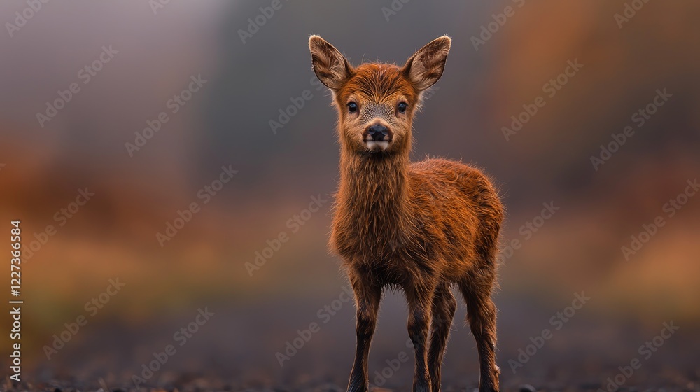 Fototapeta premium Red deer fawn, autumn forest, looking at camera, blurred background, wildlife photography