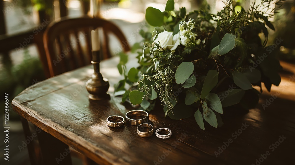 Fototapeta premium Wedding rings and floral bouquet on wooden table with candle in soft natural light setting