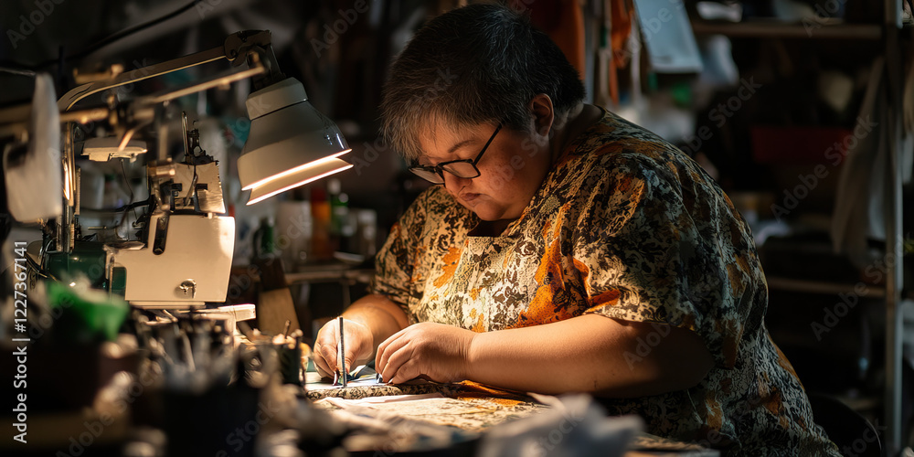 Person Operating Sewing Machine in Workshop Person Operating Sewing Machine in Workshop