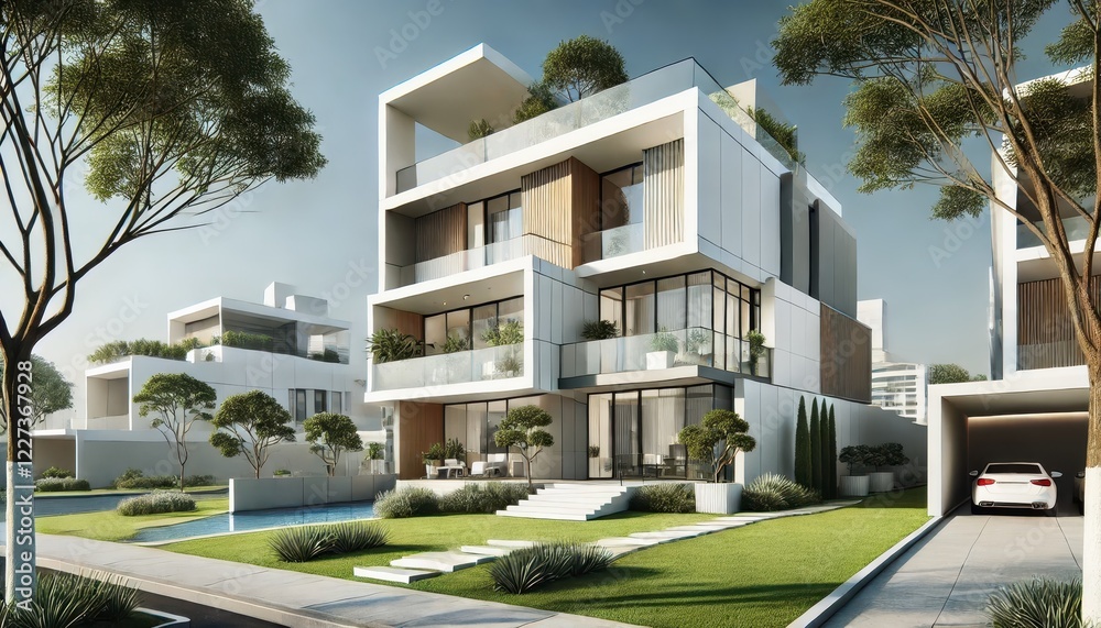 Obraz premium A modern minimalist house with a cubist design, large glass windows and a roof garden in an elegant setting.